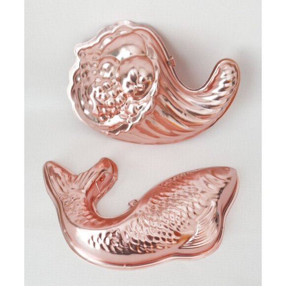 Set Of 5 Vintage Copper-Tone Aluminum Jelly Mold Fish & Cornucopia Designs Assor - Picture 6 of 7